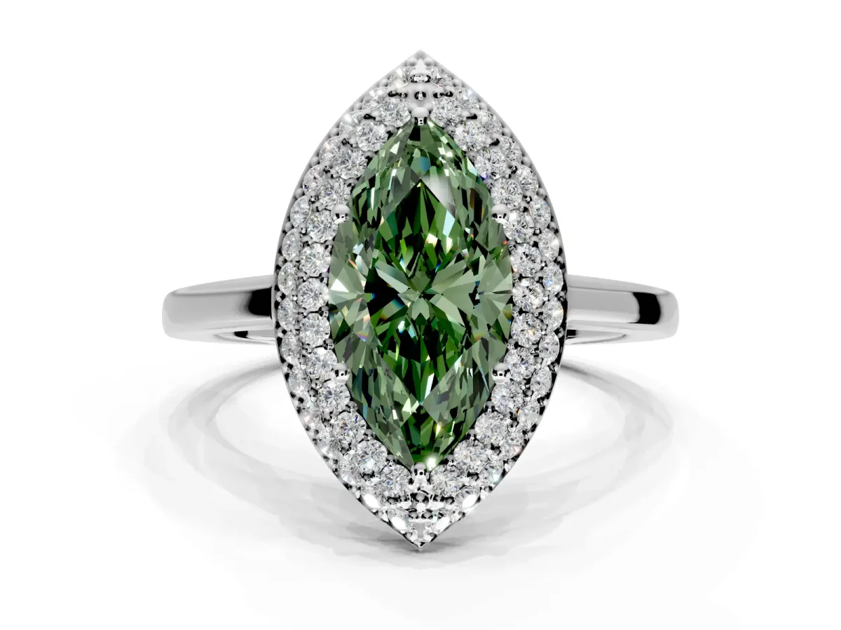 Halo Engagement Ring Setting for Fancy Green Marquise Center with Plain Tapered Band and Prong Head in White Gold