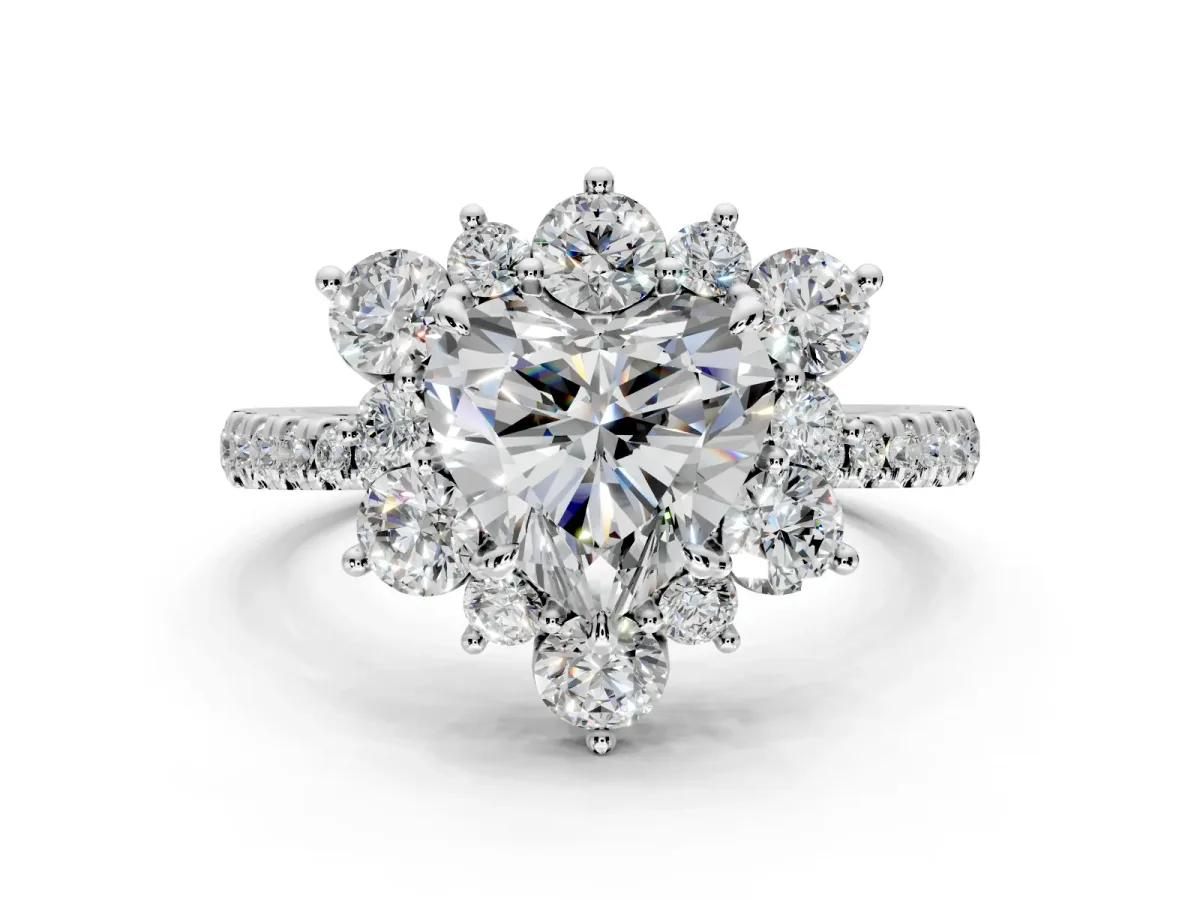 Floral Halo Engagement Ring Setting for Heart-Shaped Center with Pave Accents and Prong Head in Sterling Silver