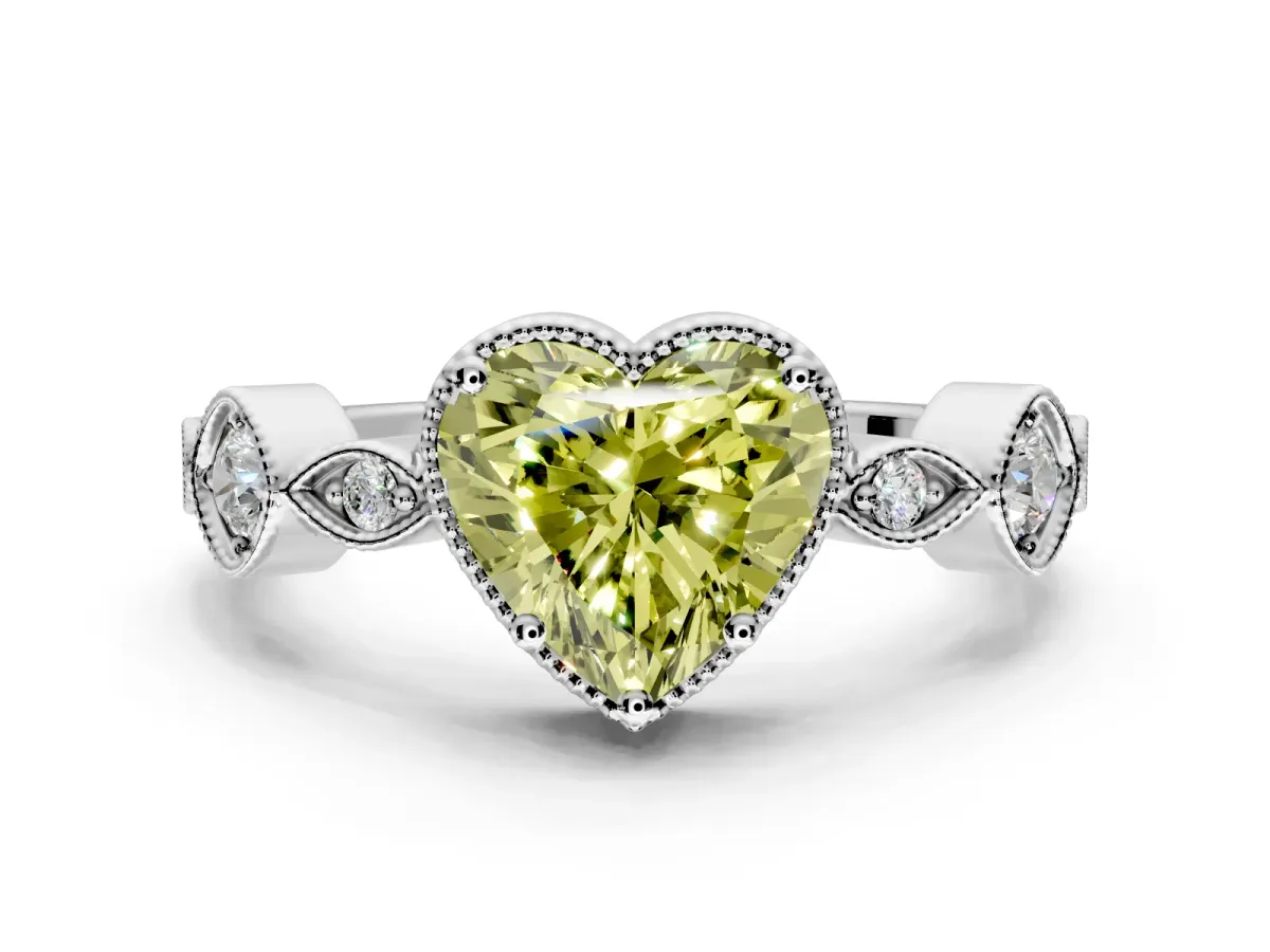 Vintage Station Engagement Ring Setting for Fancy Yellow Heart-Shaped Center with Accents and Prong Head in Sterling Silver