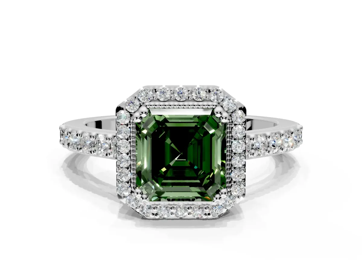 Halo Engagement Ring Setting for Fancy Green Asscher Cut Center with Inner Milgrain Border and Prong Head in Sterling Silver