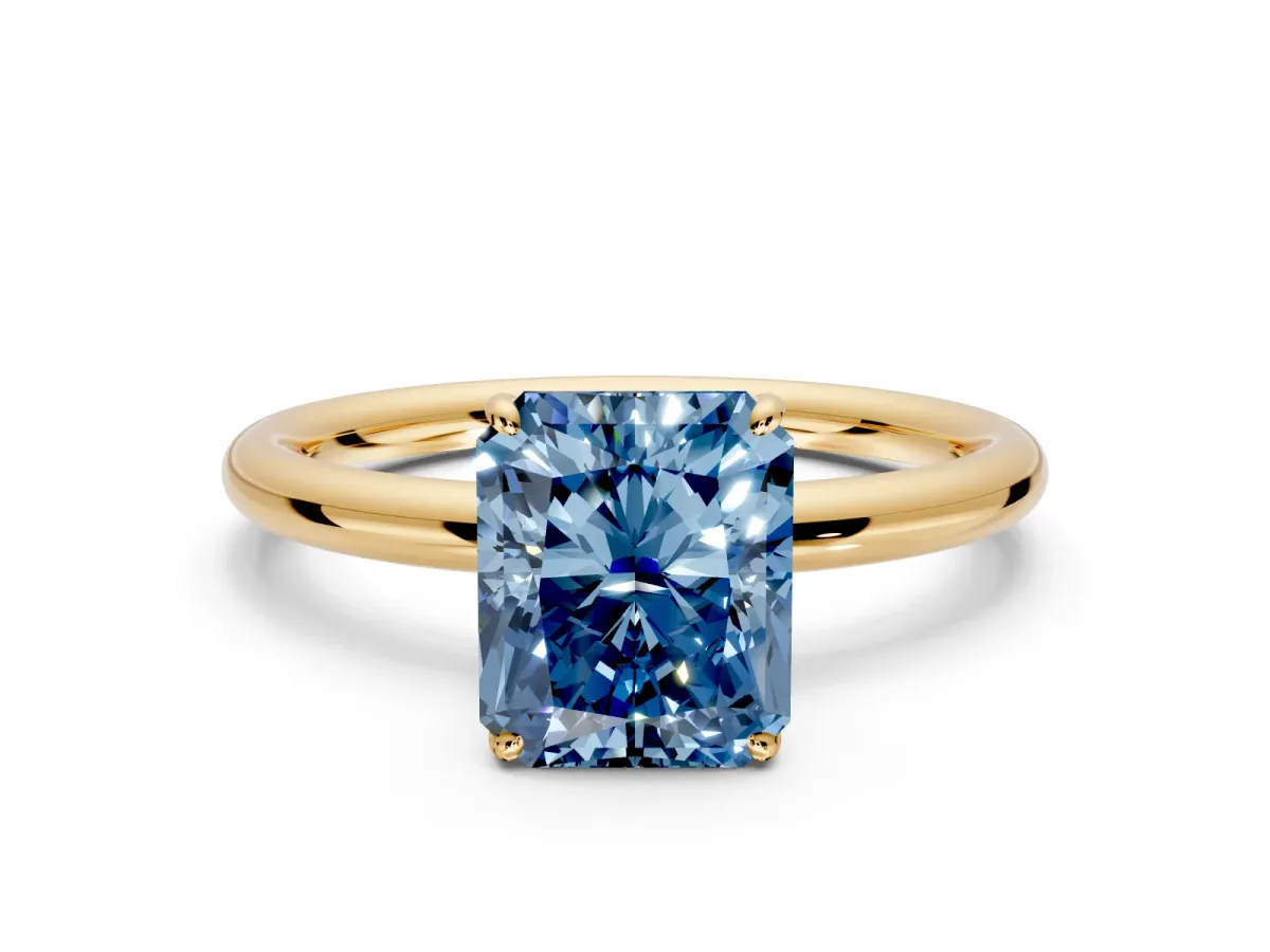 Low-Set Solitaire Engagement Ring Setting for Fancy Blue Radiant Cut Center with Thin Plain Band and Prong Head in Yellow Gold