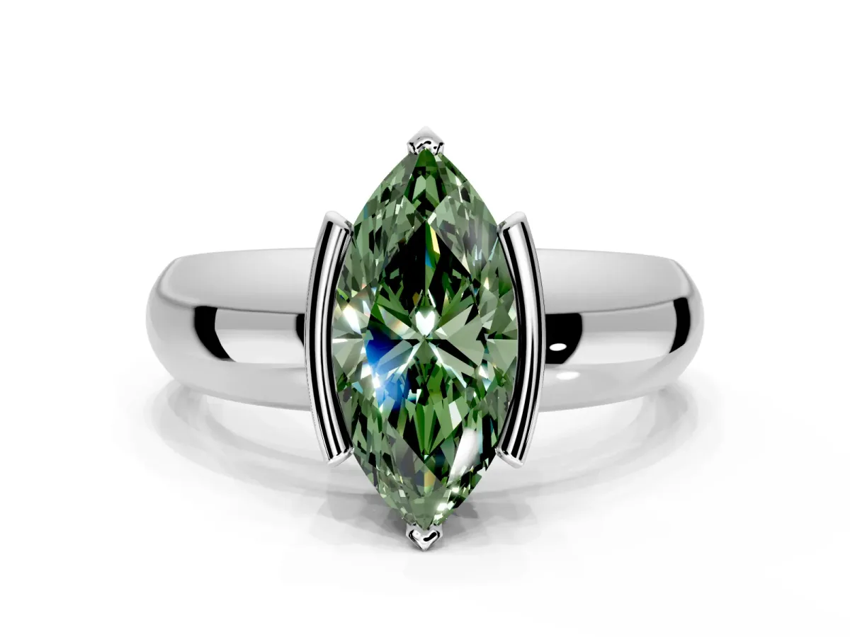 Tension Engagement Ring Setting for Fancy Green Marquise Center with Wide Flat Band and Tension Head in Sterling Silver