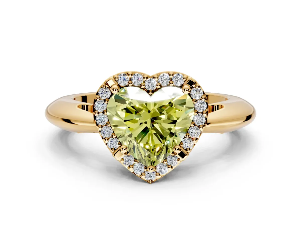 Halo Engagement Ring Setting for Fancy Yellow Heart-Shaped Center with Tapered Plain Band and Prong Head in Yellow Gold