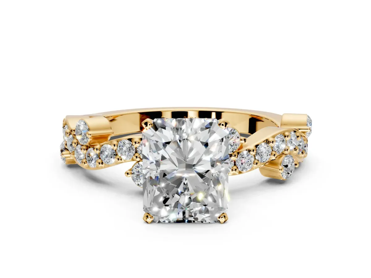 Solitaire Engagement Ring Setting for Radiant Cut Center with Bar-Station Pave Twist and Prong Head in Yellow Gold