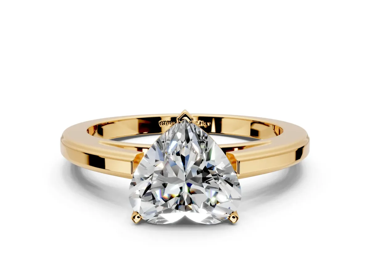 Solitaire Engagement Ring Setting for Heart-Shaped Center with Flat-Sided Plain Band and Prong Head in Yellow Gold