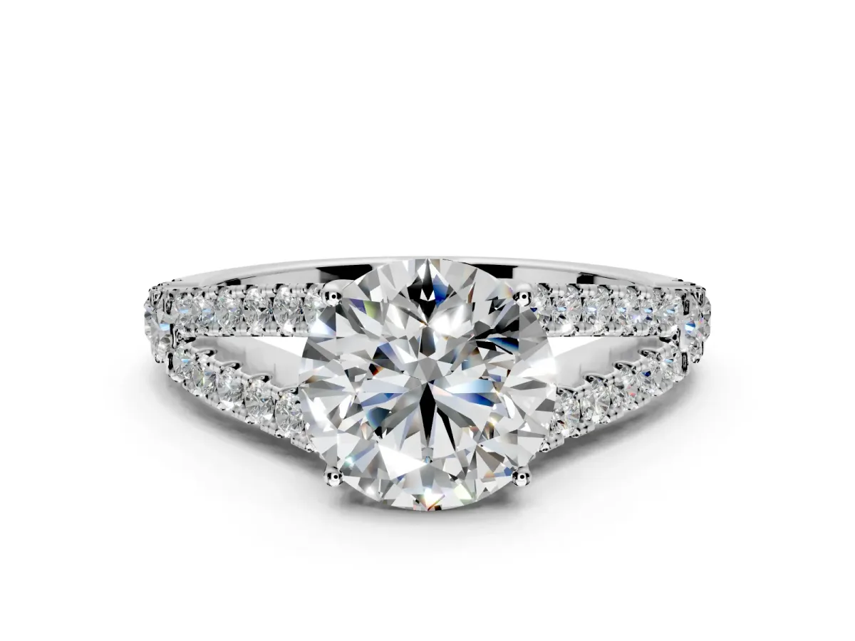 Solitaire Engagement Ring Setting for Round Cut Center with Pave Split Shank and Prong Head in Platinum