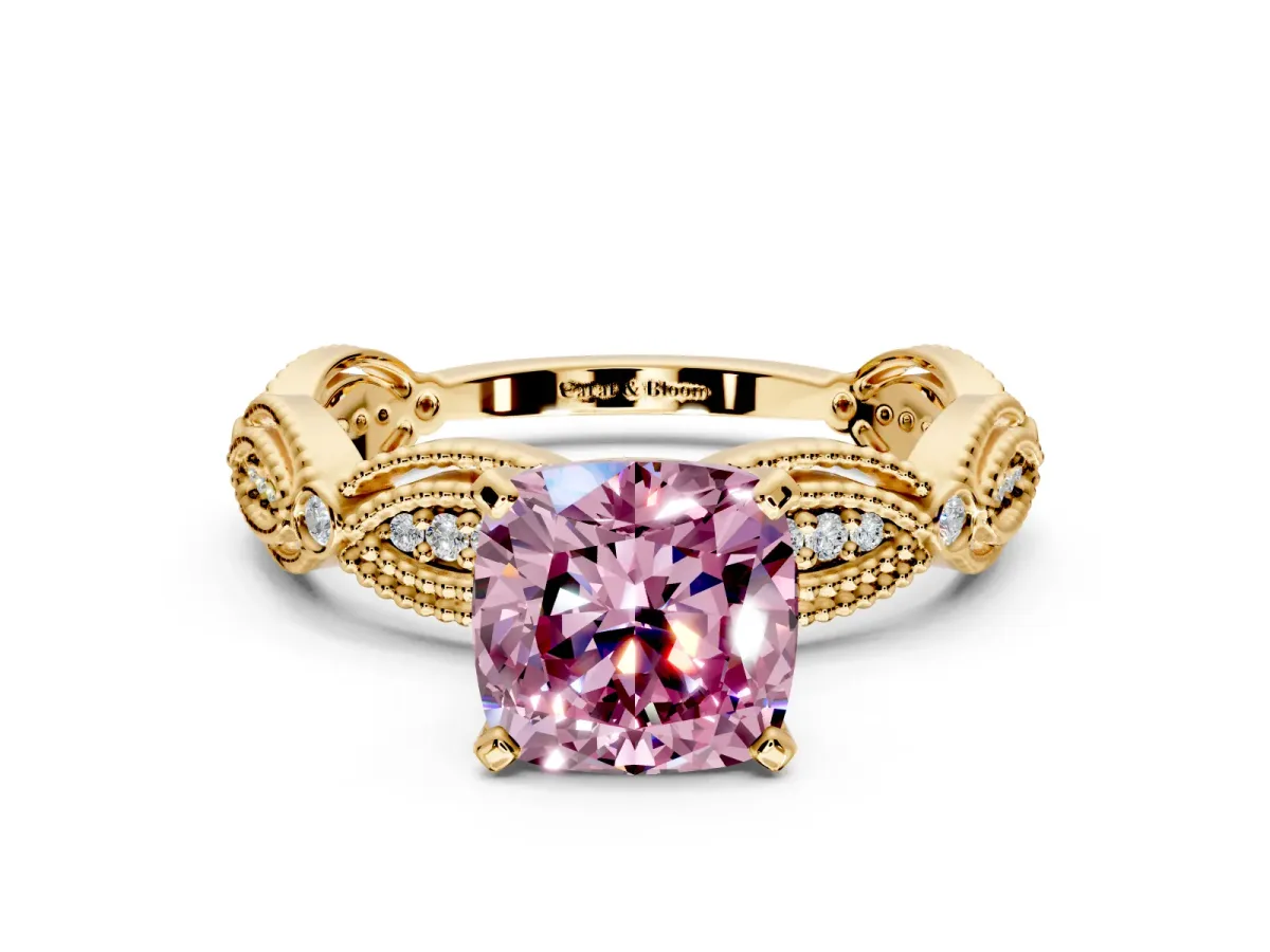 Solitaire Engagement Ring Setting for Fancy Pink Cushion Cut Center with Marquise Panel Band and Prong Head in Yellow Gold