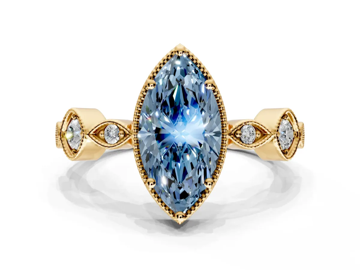 Vintage Station Engagement Ring Setting for Fancy Blue Marquise Center with Accents and Prong Head in Yellow Gold