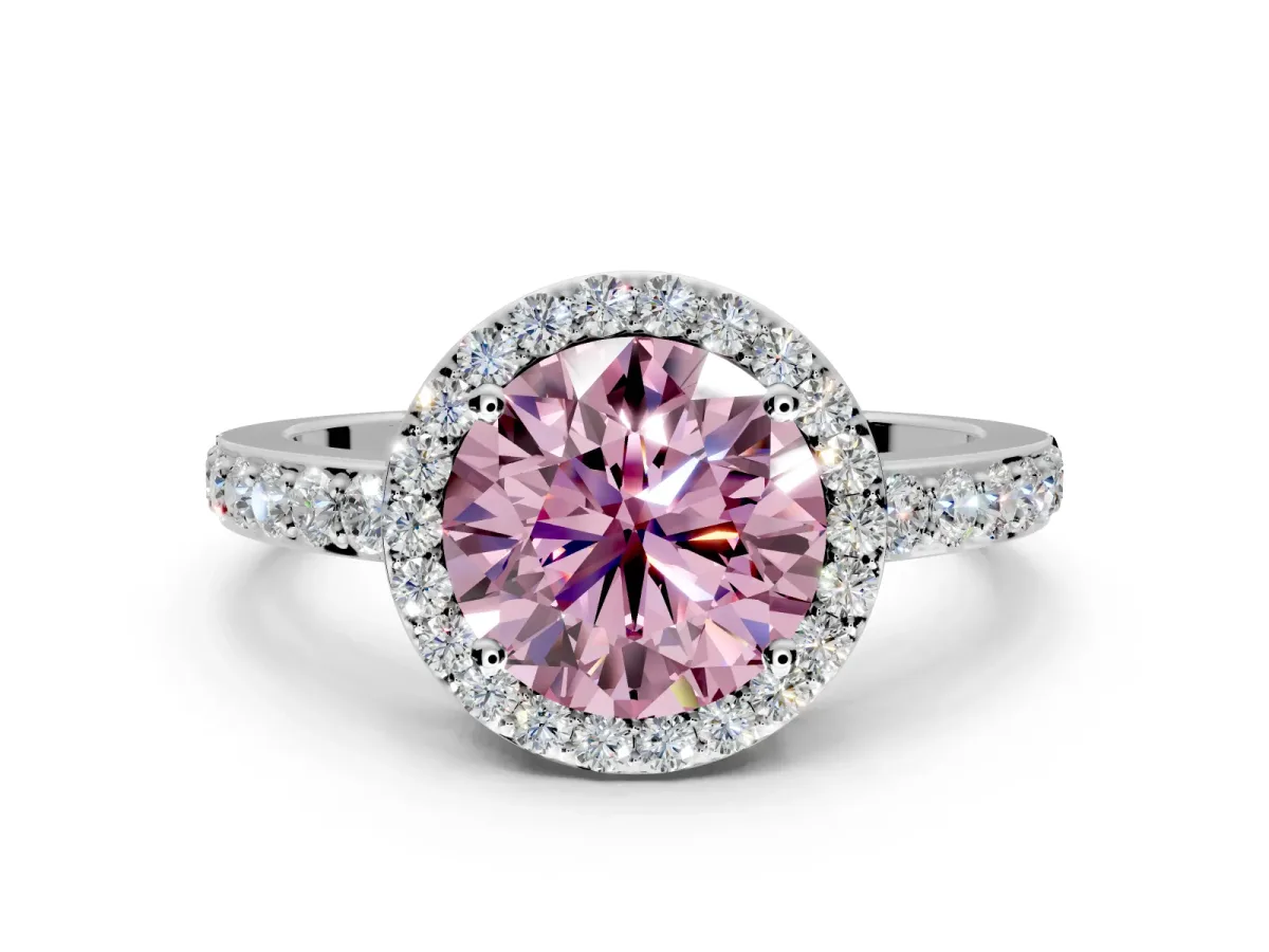Halo Engagement Ring Setting for Fancy Pink Round Cut Center with Heart-Shaped Openwork, Pave Band and Prong Head in White Gold