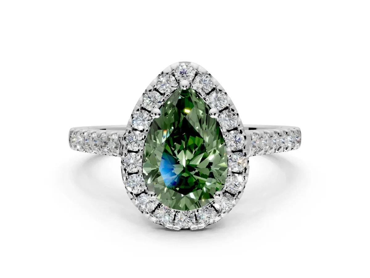 Halo Engagement Ring Setting for Fancy Green Pear-Shaped Center with Narrowing Pave Band and Prong Head in White Gold