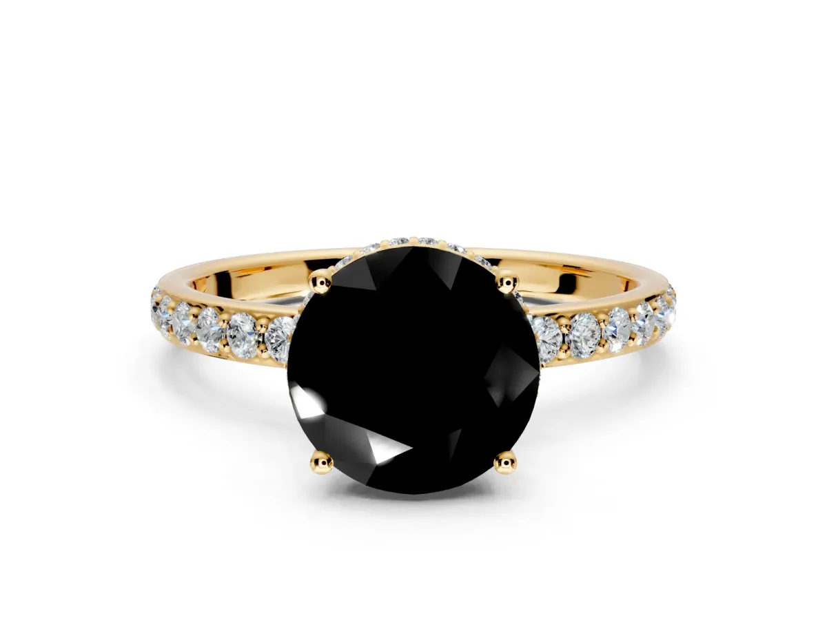 Hidden Halo Engagement Ring Setting for Fancy Black Round Cut Center with Pave Band and Prong Head in Yellow Gold