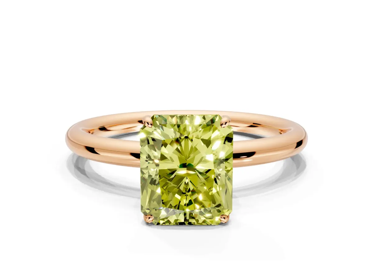 Low-Set Solitaire Engagement Ring Setting for Fancy Yellow Radiant Cut Center with Thin Plain Band and Prong Head in Rose Gold