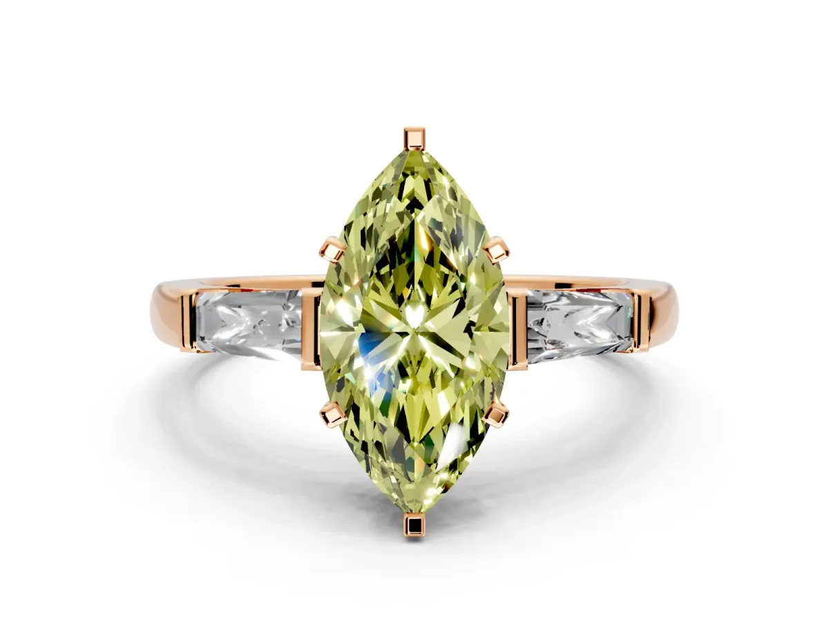 3 Stone Engagement Ring Setting for Fancy Yellow Marquise Center with Tapered Baguettes, Plain Band and Prong Head in Rose Gold