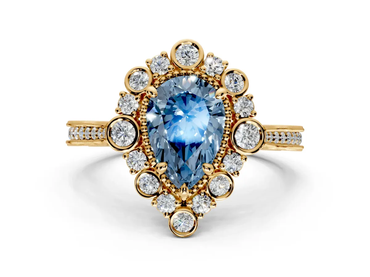 Milgrain Halo Engagement Ring Setting for Fancy Blue Pear-Shaped Center with Bezel Point Accents and Prong Head in Yellow Gold