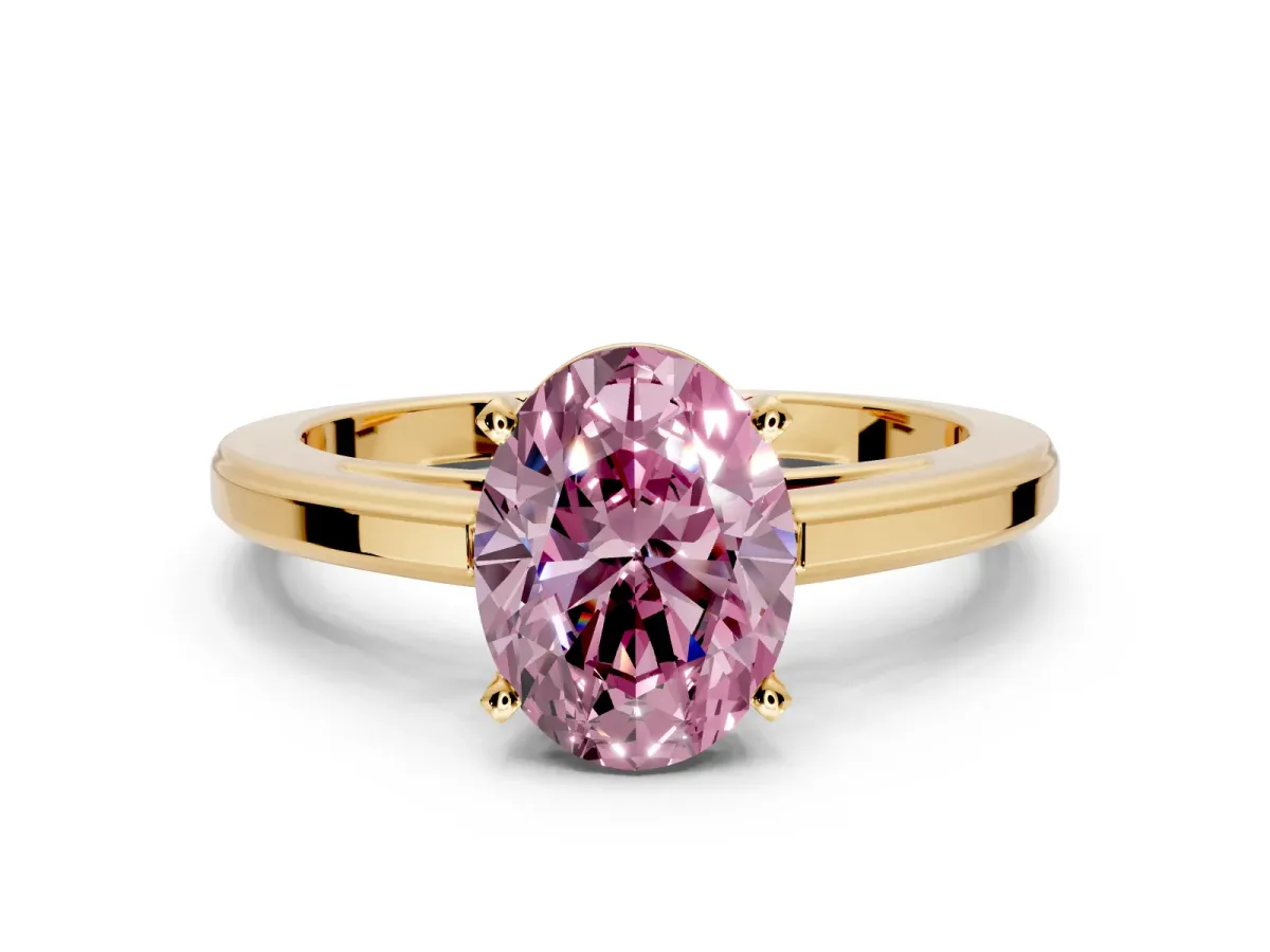 Solitaire Engagement Ring Setting for Fancy Pink Oval Center with Flat-Sided Plain Band and Prong Head in Yellow Gold