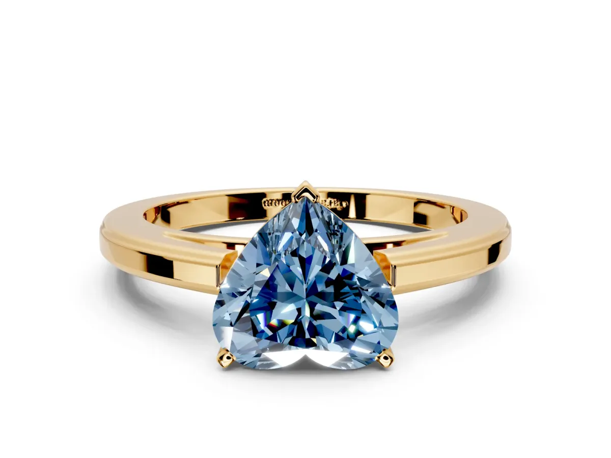 Solitaire Engagement Ring Setting for Fancy Blue Heart-Shaped Center with Flat-Sided Plain Band and Prong Head in Yellow Gold
