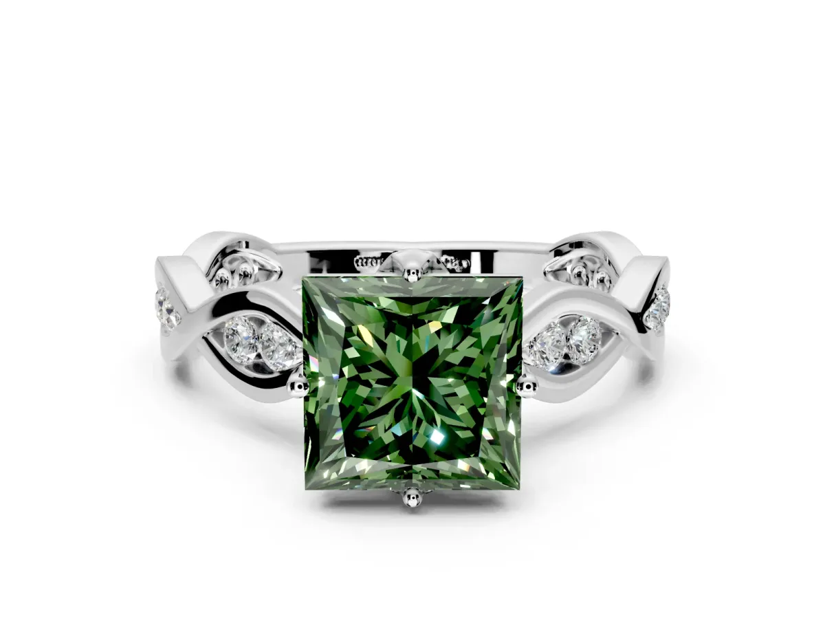 Solitaire Engagement Ring Setting for Fancy Green Princess Cut Center with Accented Twist Band and Leaf Prong Head in Sterling Silver