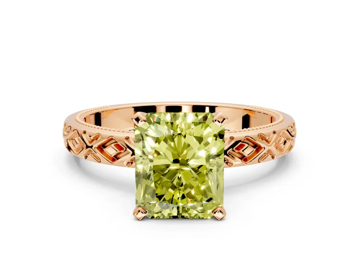 Solitaire Engagement Ring Setting for Fancy Yellow Radiant Cut Center with Milgrain X Pattern Band and Prong Head in Rose Gold
