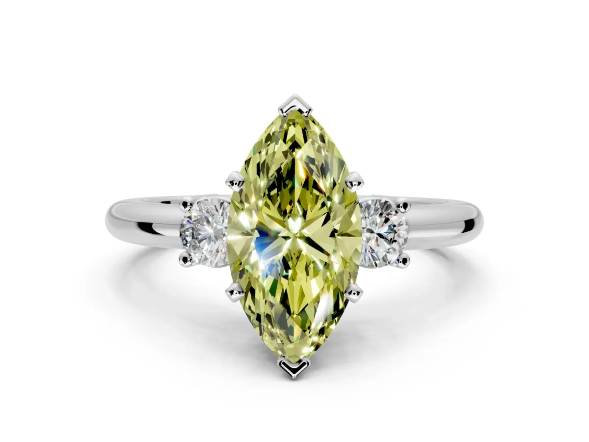 3 Stone Engagement Ring Setting for Fancy Yellow Marquise Center with Wide Plain Band and Prong Head in White Gold