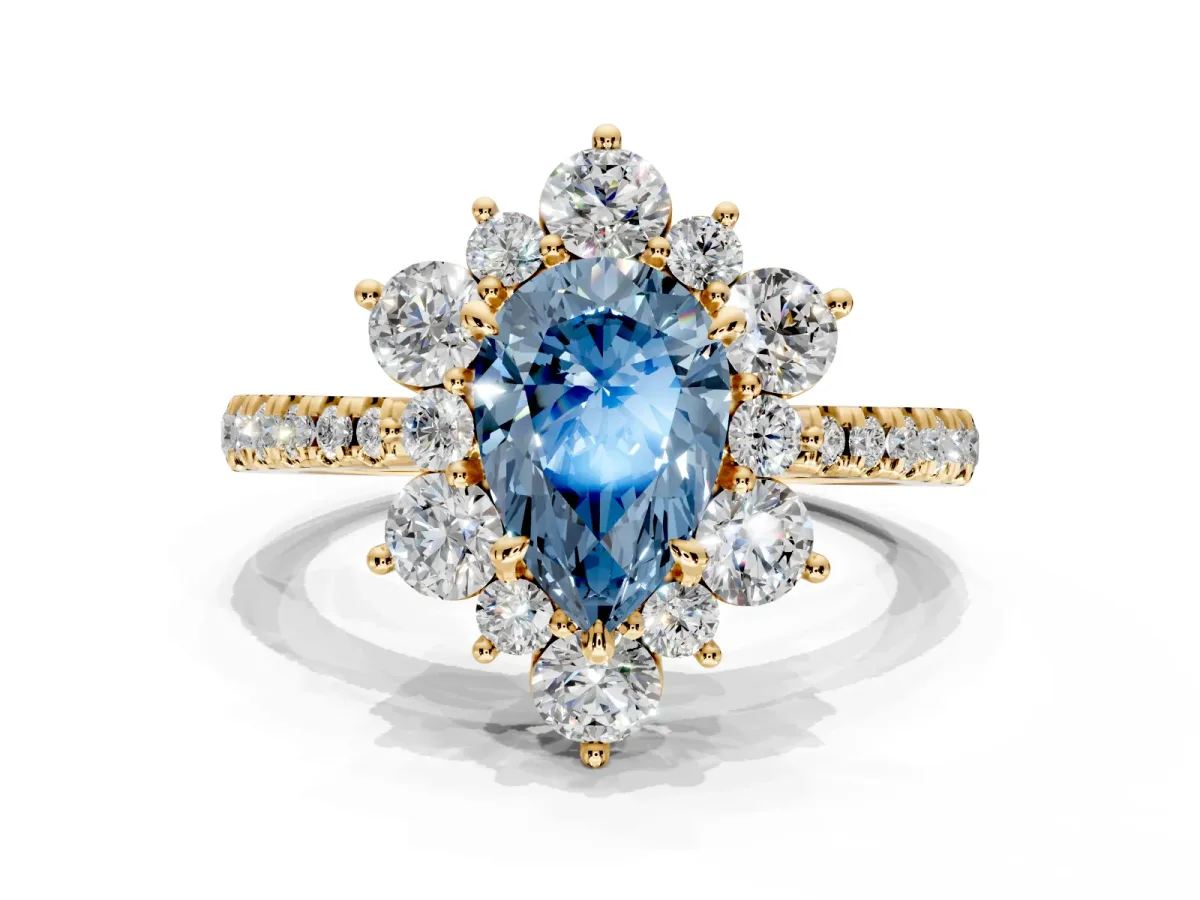 Floral Halo Engagement Ring Setting for Fancy Blue Pear-Shaped Center with Pave Accents and Prong Head in Yellow Gold