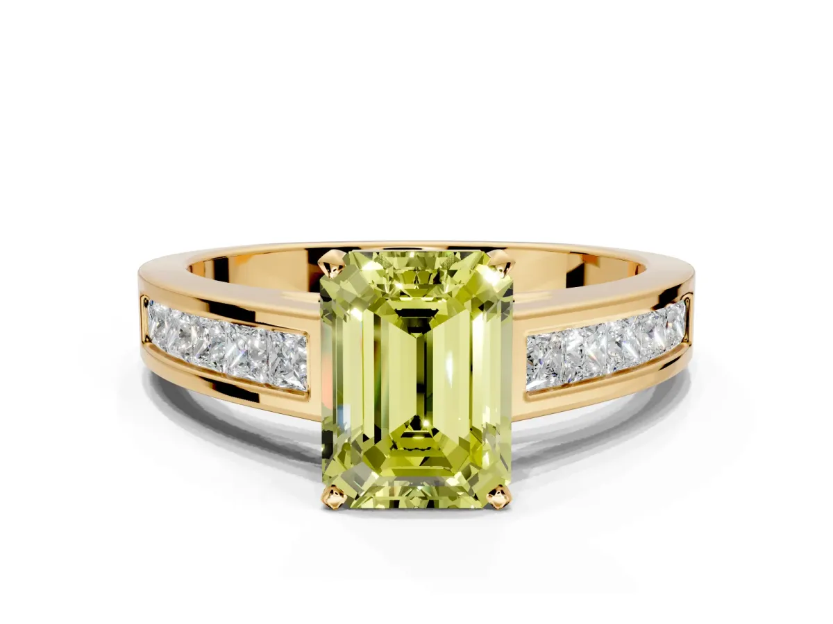 Solitaire Engagement Ring Setting for Fancy Yellow Emerald Cut Center with Princess Cut Channel Band and Prong Head in Yellow Gold