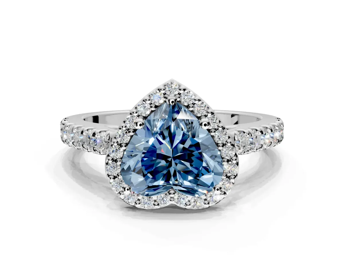 Halo Engagement Ring Setting for Fancy Blue Heart-Shaped Center with Full Pave Band and Prong Head in Platinum