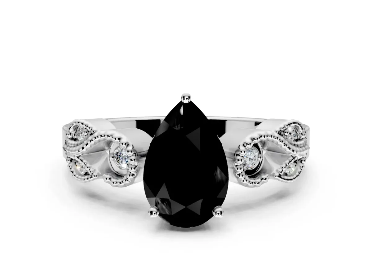 Leaf Engagement Ring Setting for Fancy Black Pear-Shaped Center with Milgrain Accent Band and Prong Head in White Gold