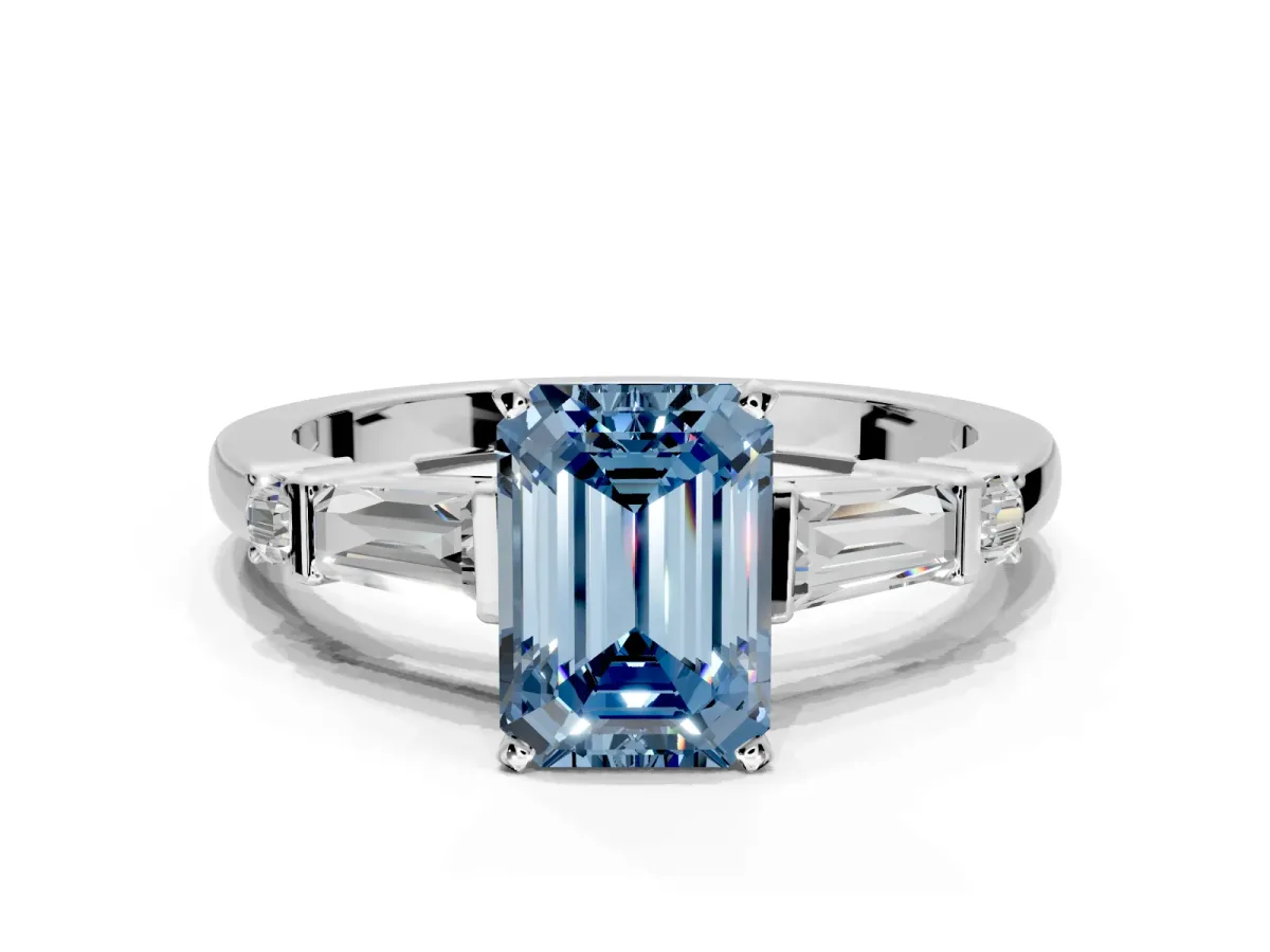 Bar-Set Engagement Ring Setting for Fancy Blue Emerald Cut Center with Tapered Baguette Accents and Prong Head in White Gold