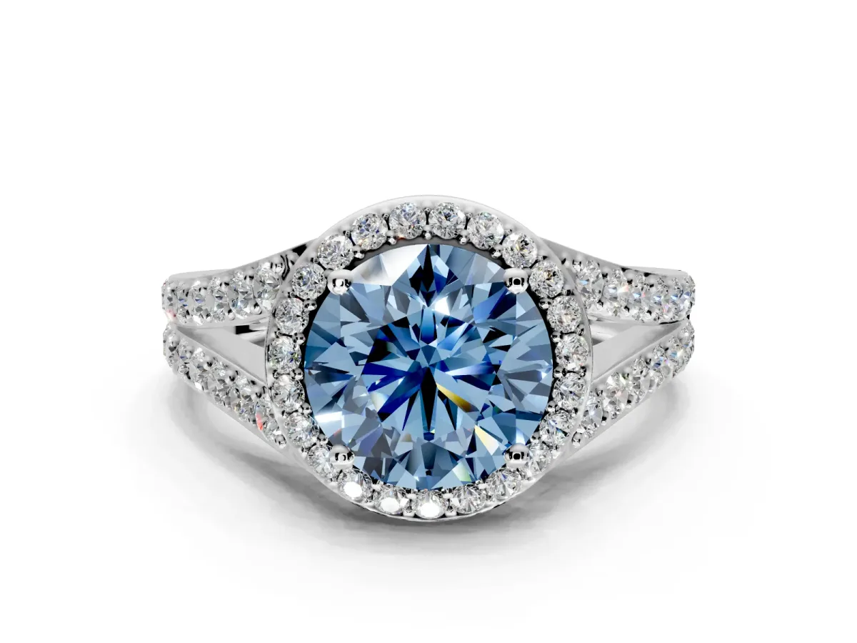 Halo Engagement Ring Setting for Fancy Blue Round Cut Center with Narrow Pave Split Shank and Prong Head in Platinum