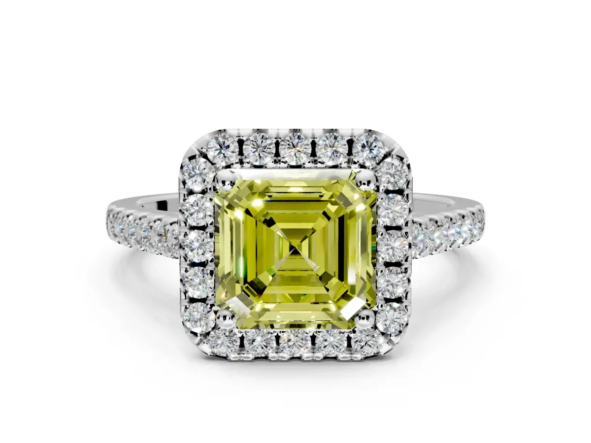 Halo Engagement Ring Setting for Fancy Yellow Asscher Cut Center with Raised Halo, Pave Band and Prong Head in Platinum