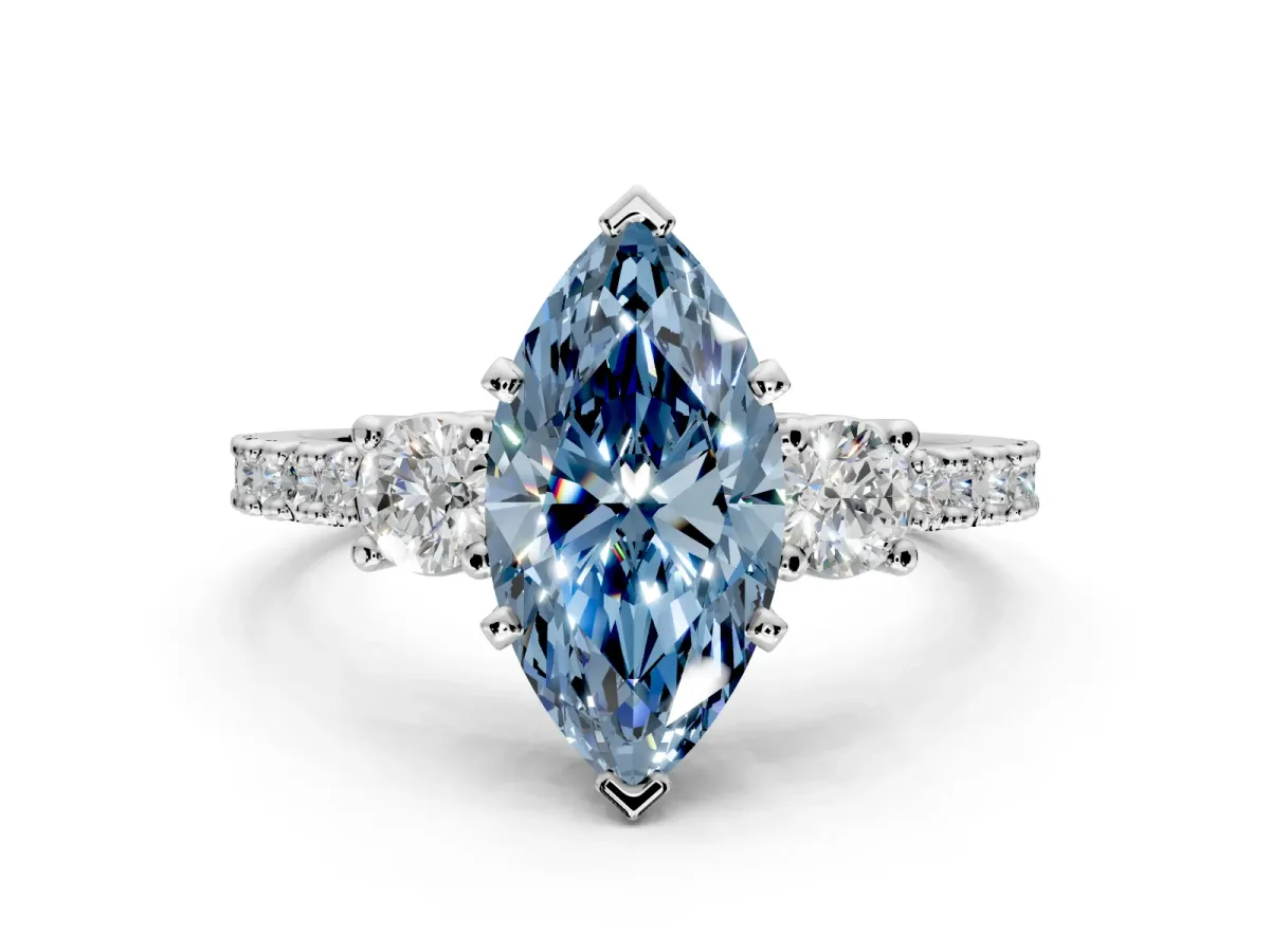 3 Stone Engagement Ring Setting for Fancy Blue Marquise Center with Round Cut Side Accents and Prong Head in Platinum