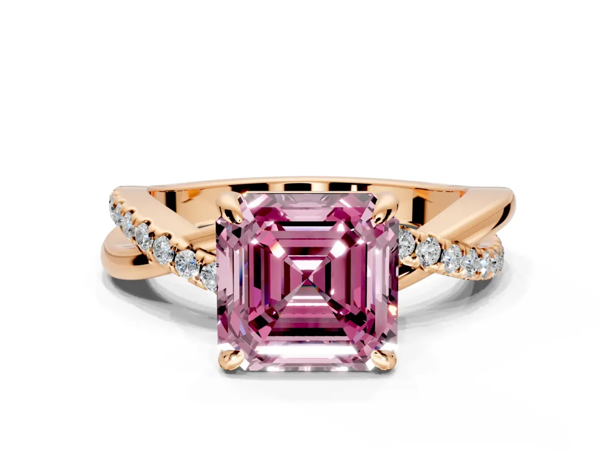 Solitaire Engagement Ring Setting for Fancy Pink Asscher Cut Center with Half-Pave Crossover Band and Prong Head in Rose Gold
