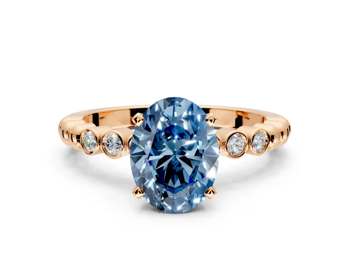 Solitaire Engagement Ring Setting for Fancy Blue Oval Center with Bezel-Dot Beaded Band and Prong Head in Rose Gold