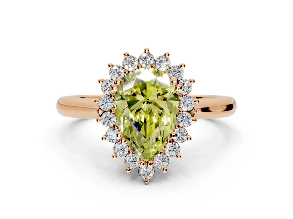 Starburst Halo Engagement Ring Setting for Fancy Yellow Pear-Shaped Center with Thin Round-Wire Band and Prong Head in Rose Gold