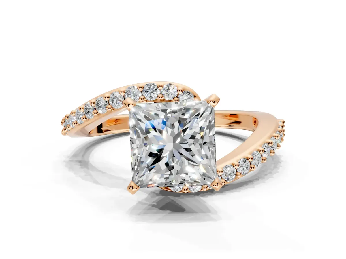 Solitaire Engagement Ring Setting for Princess Cut Center with Pave Bypass Swirl Band and Prong Head in Rose Gold