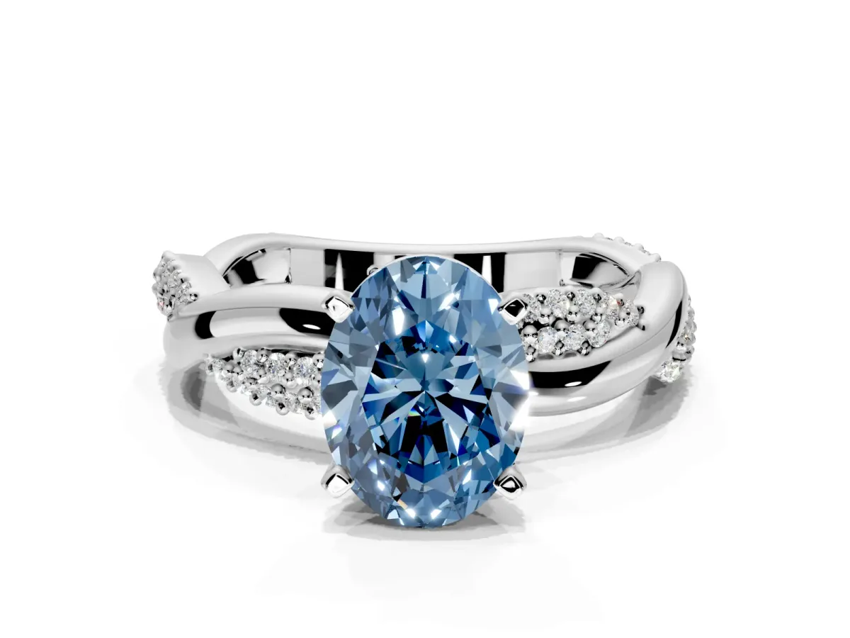 Solitaire Engagement Ring Setting for Fancy Blue Oval Center with Pave and Plain Crossover and Basket Head in White Gold