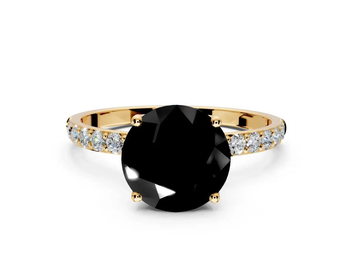 Solitaire Engagement Ring Setting for Fancy Black Round Cut Center with Fine Pave Accents and Prong Head in Yellow Gold