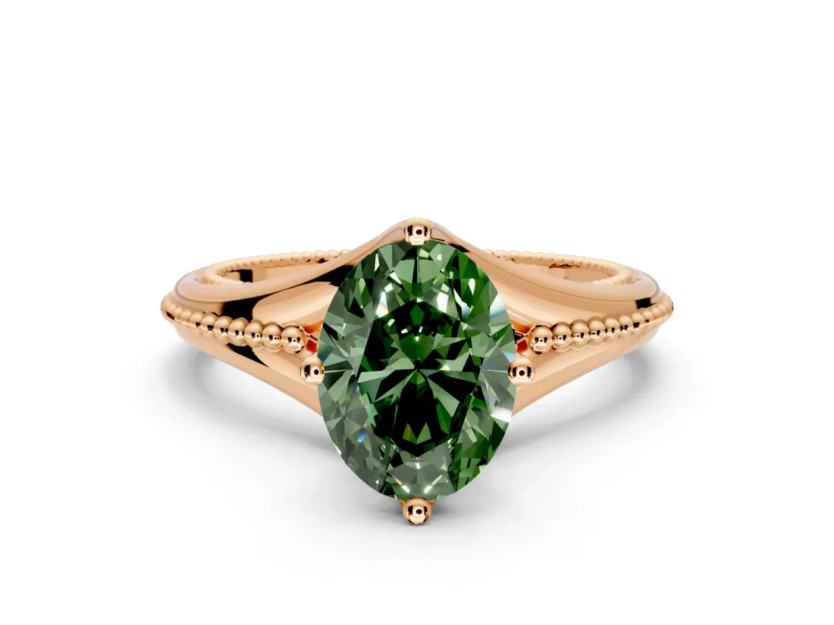 Solitaire Engagement Ring Setting for Fancy Green Oval Center with Milgrain Cathedral Band and Prong Head in Rose Gold