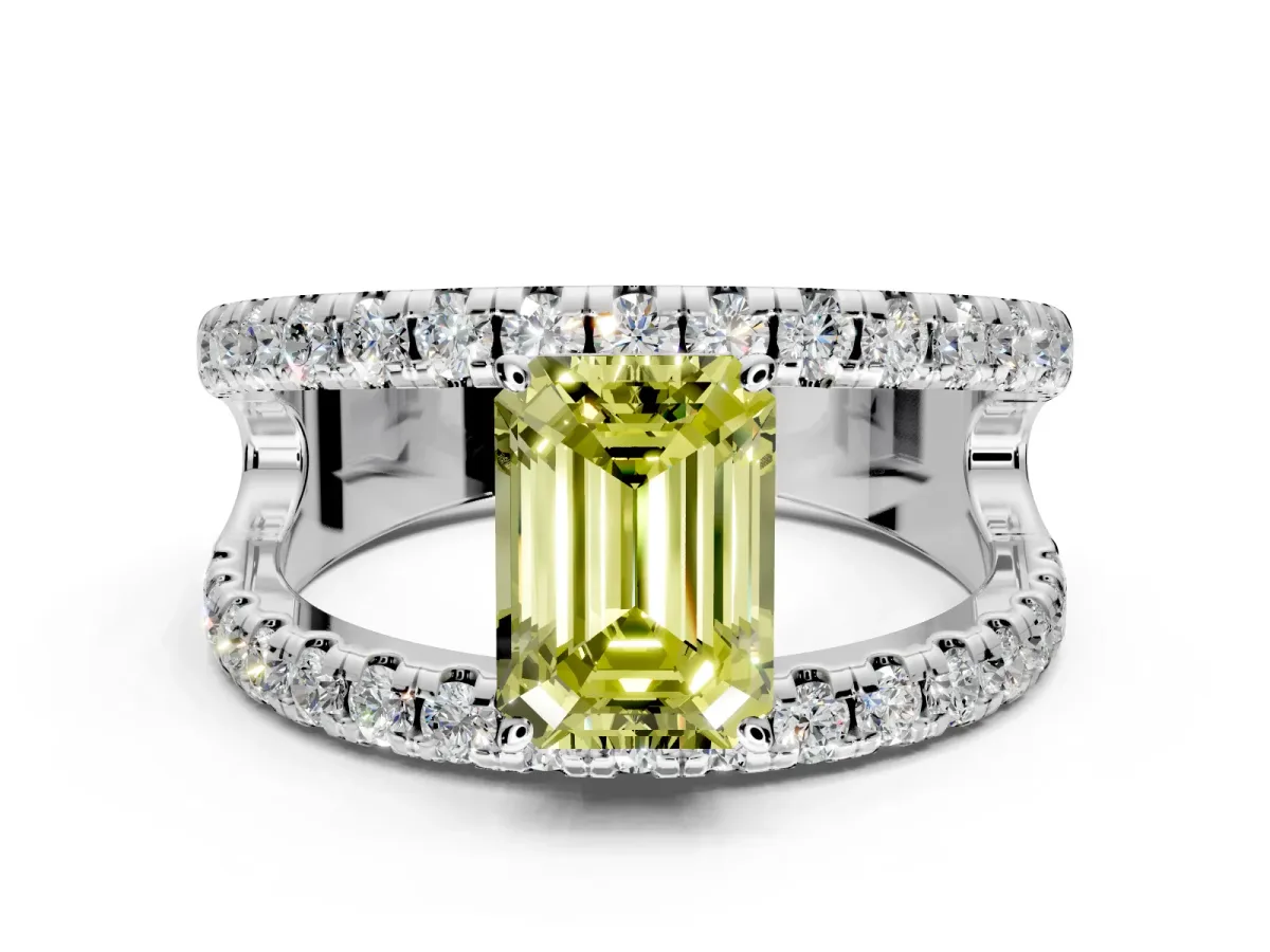 Solitaire Engagement Ring Setting for Fancy Yellow Emerald Cut Center with Wide-Open Split Shank and Prong Head in Platinum