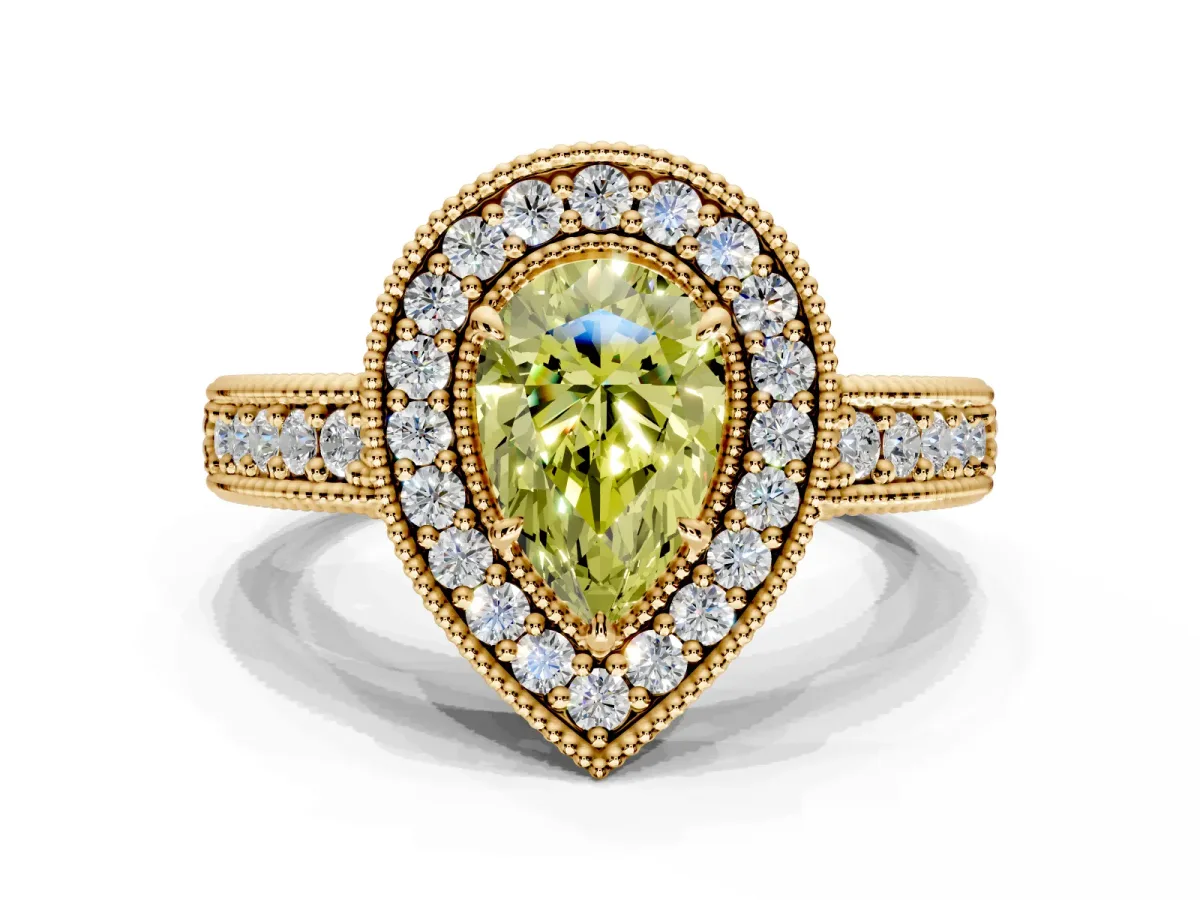 Milgrain Halo Engagement Ring Setting for Fancy Yellow Pear-Shaped Center with Pave Band and Prong Head in Yellow Gold