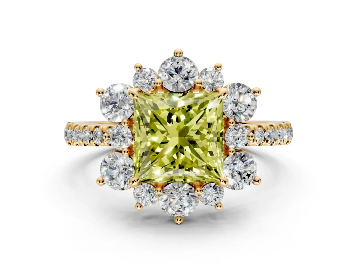 Floral Halo Engagement Ring Setting for Fancy Yellow Princess Cut Center with Pave Accents and Prong Head in Yellow Gold