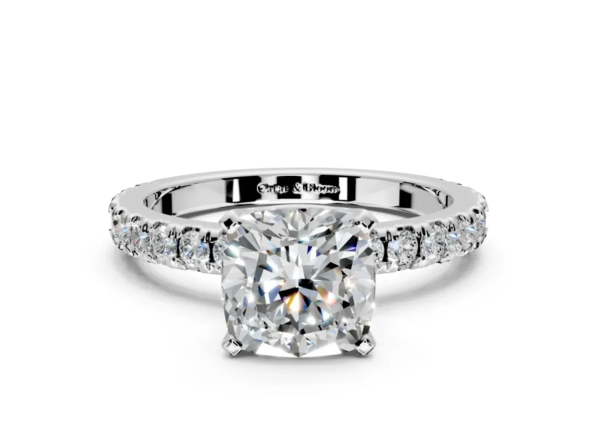 Solitaire Engagement Ring Setting for Cushion Cut Center with Fine Pave Band and Claw Prong Head in Sterling Silver