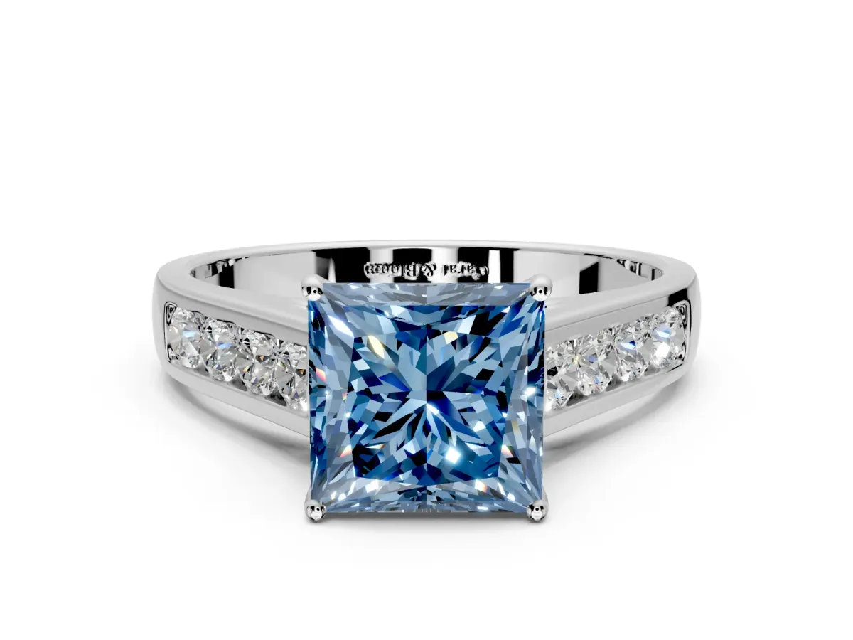 Solitaire Engagement Ring Setting for Fancy Blue Princess Cut Center with Cathedral Channel Band and Prong Head in Sterling Silver