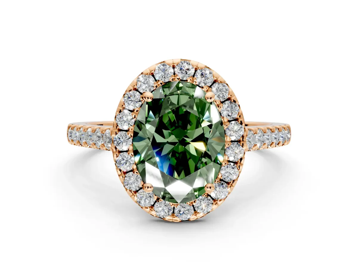 Halo Engagement Ring Setting for Fancy Green Oval Center with Narrowing Pave Band and Prong Head in Rose Gold