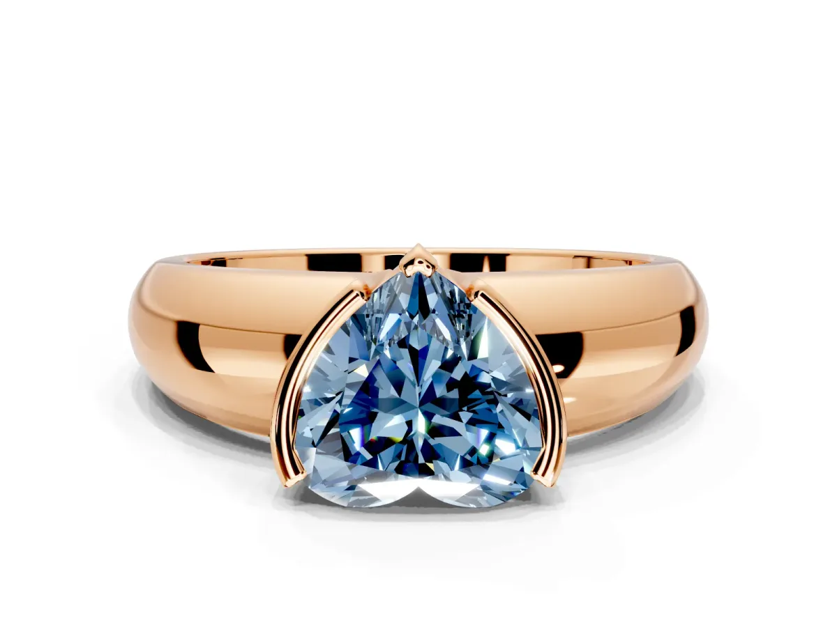 Tension Engagement Ring Setting for Fancy Blue Heart-Shaped Center with Wide Flat Band and Tension Head in Rose Gold
