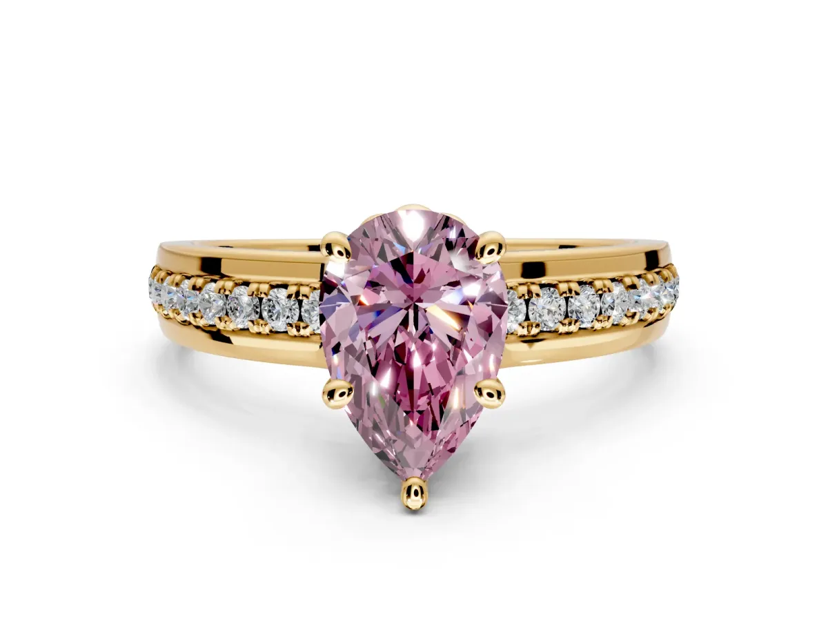 Solitaire Engagement Ring Setting for Fancy Pink Pear-Shaped Center with Raised Channel Band and Prong Head in Yellow Gold