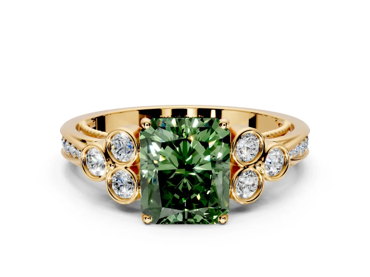 Cluster Engagement Ring Setting for Fancy Green Radiant Cut Center with Bezel Accent Clusters and Prong Head in Yellow Gold
