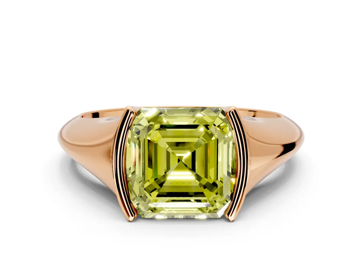 Tension Engagement Ring Setting for Fancy Yellow Asscher Cut Center with Wide Tapered Band and Tension Head in Rose Gold