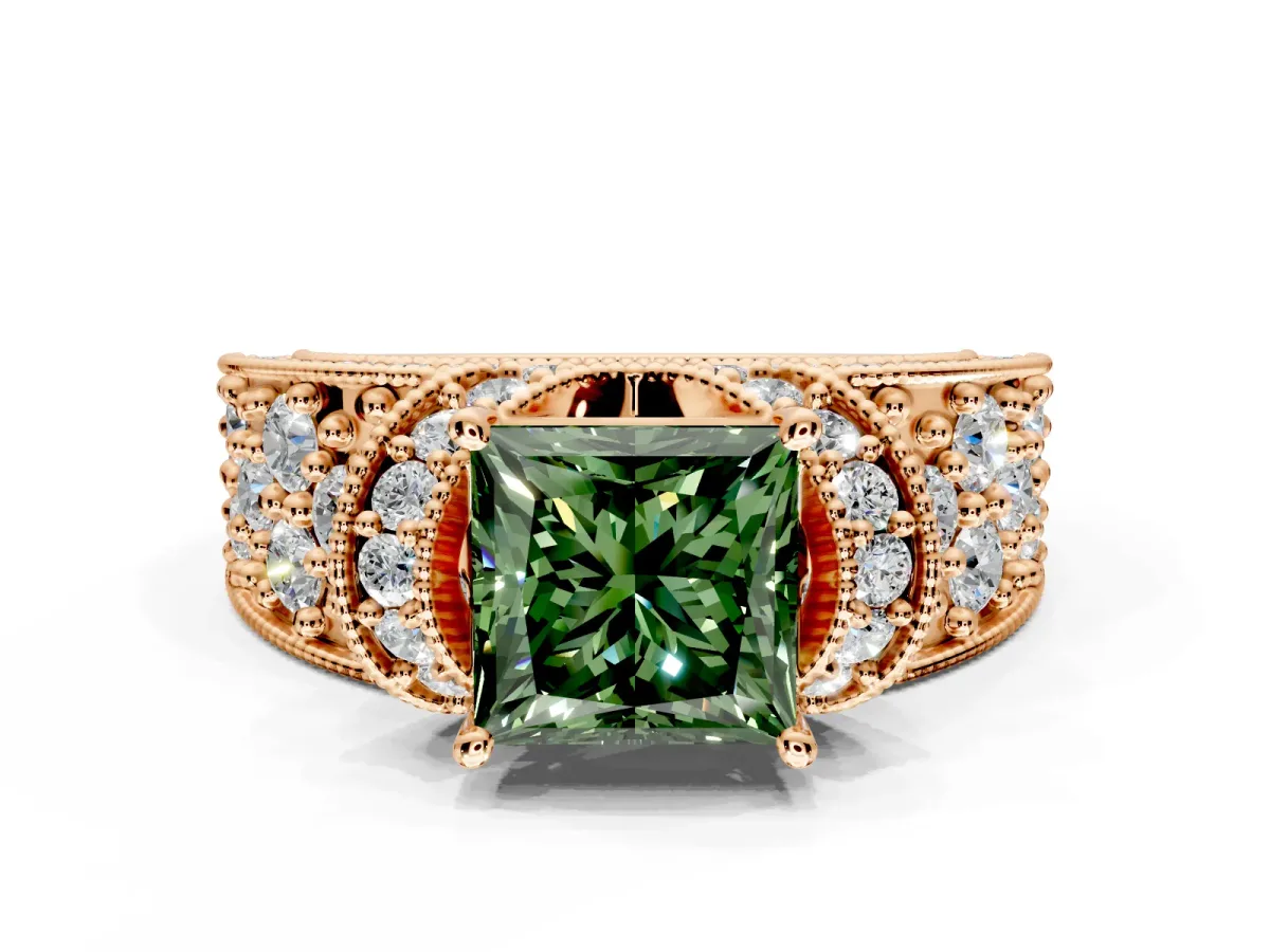Pave Engagement Ring Setting for Fancy Green Princess Cut Center with Curved Accent Rows, Openwork and Prong Head in Rose Gold