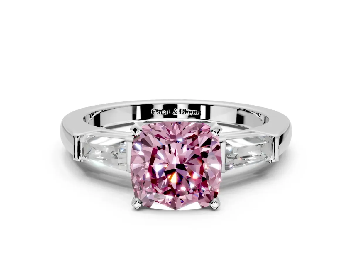 3 Stone Engagement Ring Setting for Fancy Pink Cushion Cut Center with Tapered Baguettes, Plain Band and Prong Head in White Gold